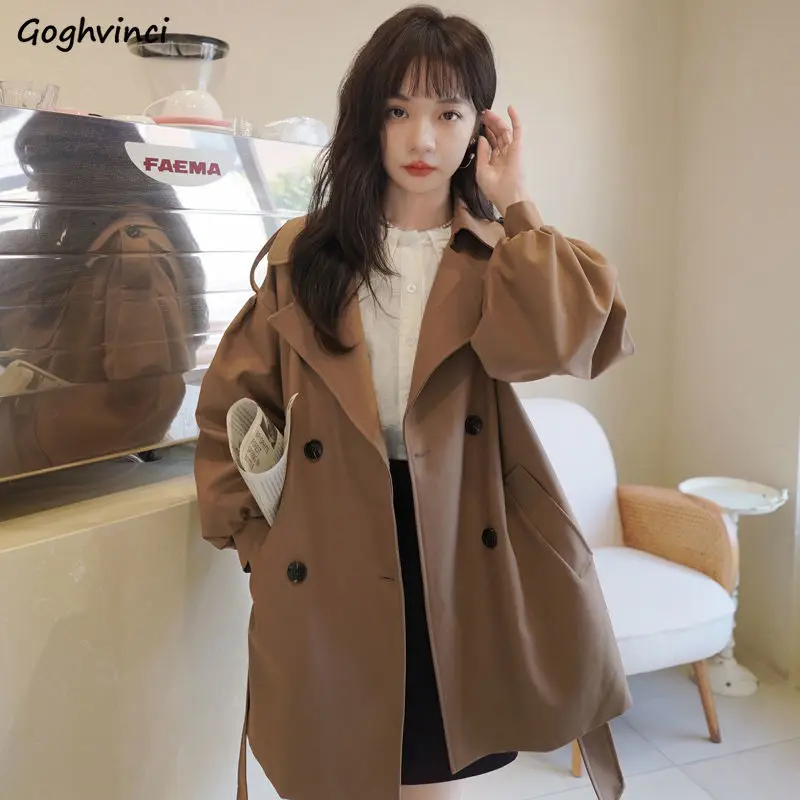 Trench Women Turn-down Collar Simple Loose BF Chic Outwear Solid Fashion Lantern Sleeve Leisure Fall-up Newly Lace-up All-match Ins