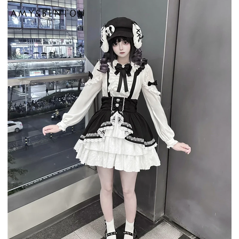 

Original Japanese Mine Series Mass-Produced Sets Sweet Girl Bow Long Sleeve Shirt Multi-Layer Strap Puff Skirt Two-Piece Set