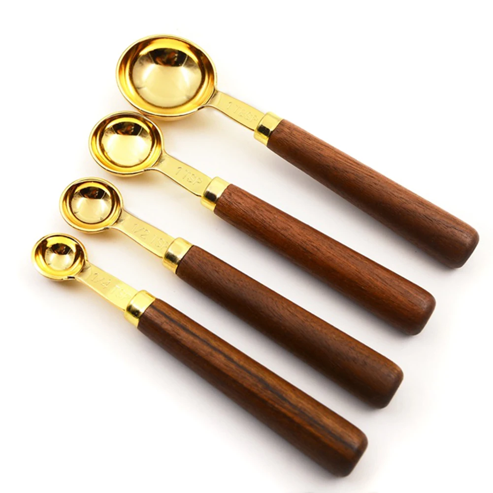 

4/8 Pcs Stainless Steel Wooden Handle Measuring Cup Spoon Professional Kitchen Tool Sugar Salt Flour