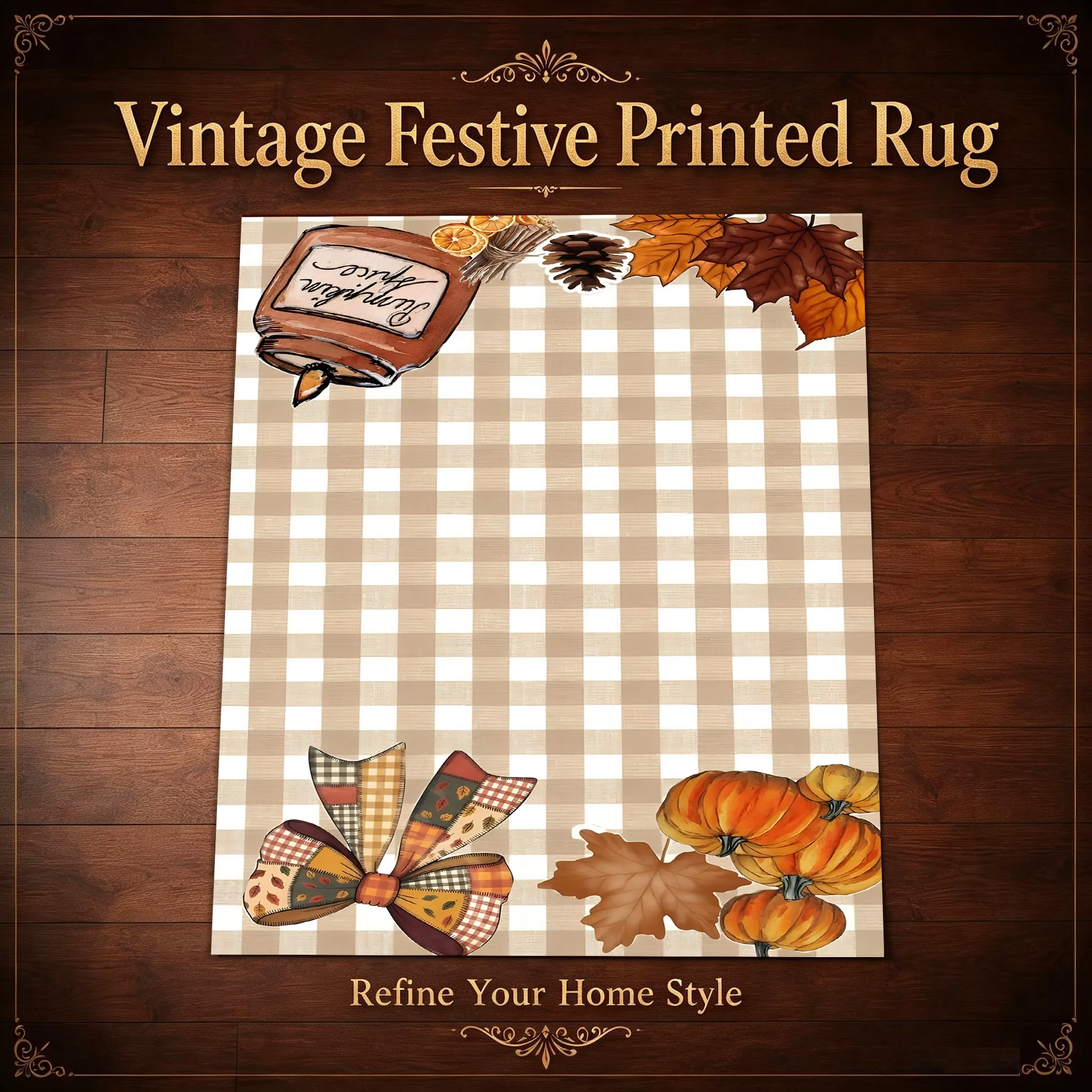 Khaki Checkered Pumpkin Maple Leaf Pumpkin Spice American Retro Thanksgiving Velvet Rug for Entryway, Living Room, and Bedroom