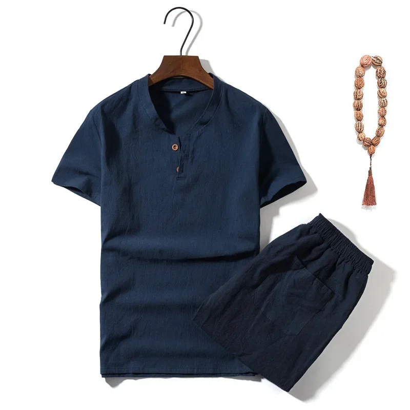

Новая летняя мужская одежда, льняной костюм в китайском стиле, большой размер, повседневная тонкая футболка с короткими рукавами, брюки из пяти предметов, комплект из двух предметов