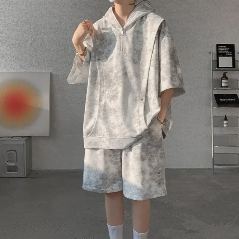 

Мужские комплекты с капюшоном Tie Dye, нейлон, повседневные новые в тон крутых нарядах, шикарные мешковатые облегающие новинки, футболки Kpop, шорты, костюмы для мужчин
