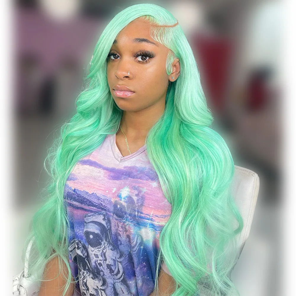 Linhua Hair-Perruque péruvienne Body Wave 100% naturelle Remy, cheveux humains, 13x6, couleur vert lac, # 180%