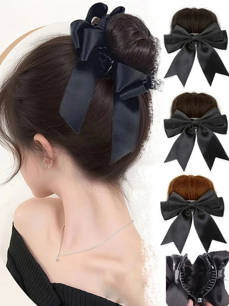 

Ribbon Butterfly Knot Synthetic Grab Clip Bun Hairpieces Fluffy Curly Maruko Head Wig Hair Accessories With Bowknot Claw Clips
