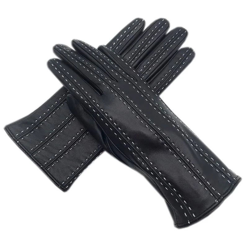 Winter ladies fashion leather gloves warm new sheepskin driving cold finger gloves wool lining large quality leather ladies blac