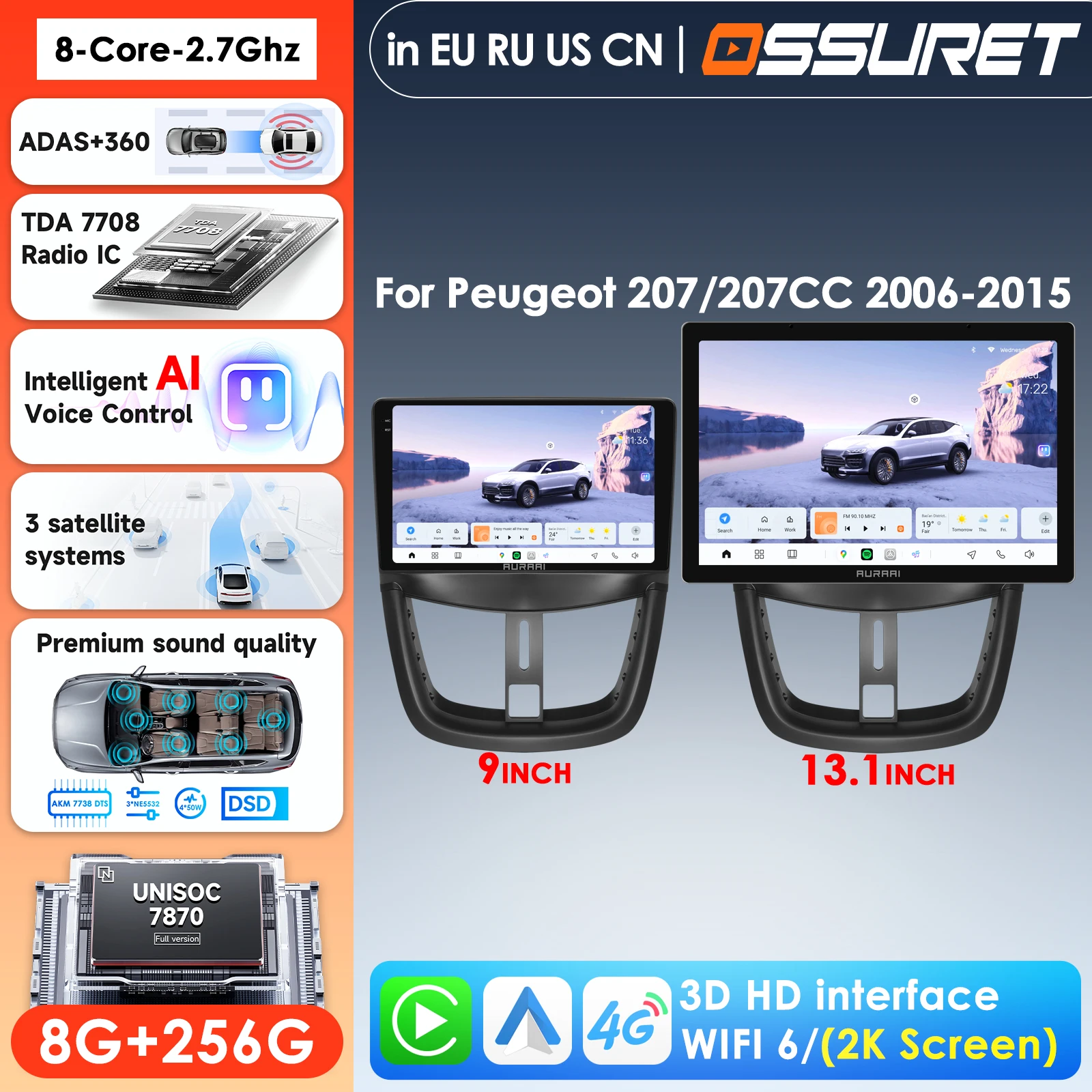 

OSSURET 13.1 inch Car Radio for Peugeot 207 CC 207CC 2006 - 2015 Carplay Android Auto Multimedia Player Stereo 4G Navigation GPS