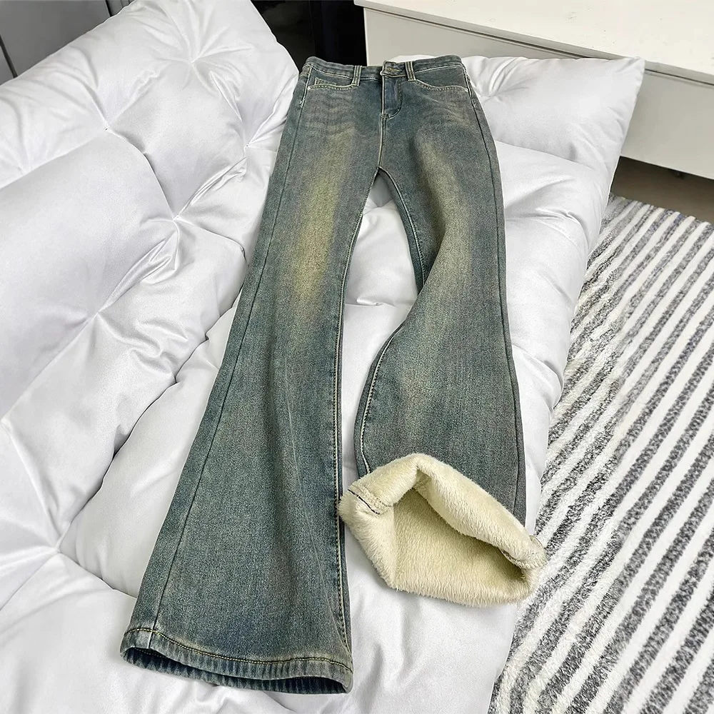 Women's Fleece Lined Thickened High Waist Bell Bottom Jeans Winter New Style Slim Straight Leggings Elastic Denim Pants