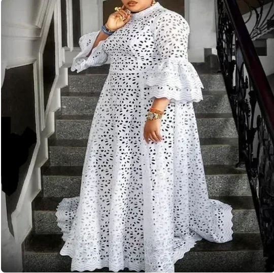 Witte Kanten Jurken Voor Dames Bruiloftsgasten Elegante Turn Down Kraag Pofmouwen Geplooide Zoom Midi Jurk Luxe Gelegenheid Kleding - afbeelding 1