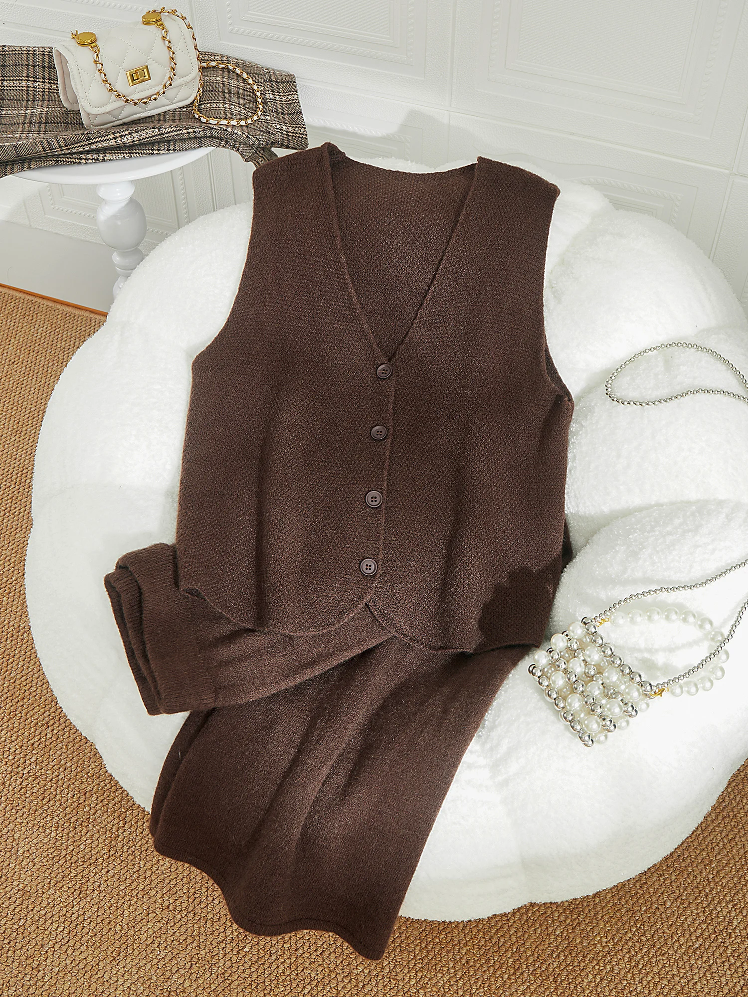 سترة نسائية محبوكة + طقم سراويل واسعة الساق، بسيط، عصري، طراز قديم وكسول، ملابس نسائية يومية للخريف والشتاء، ملابس عمل، ملابس غير رسمية