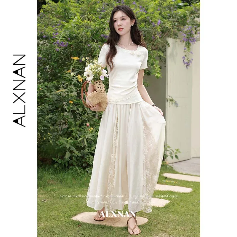ALXNAN Women's White T-shirt Asymmetric Slant Neck Lace Splice 3D Floral Gathered Waist Slim Summer Short Sleeve Top L65709