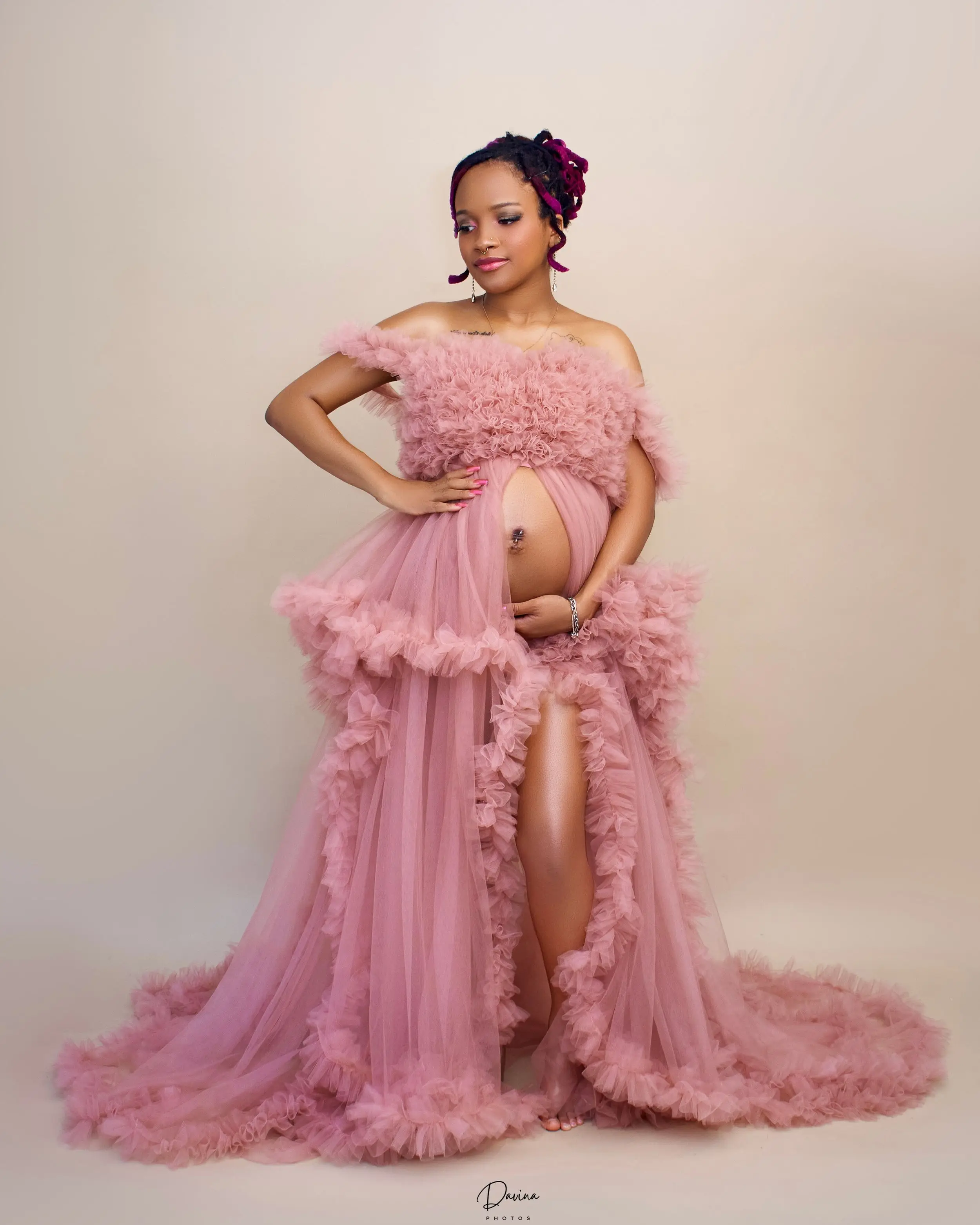 Handmade Off Shoulder Maternity Bathrobe Tulle Ruffled Open Front Train Robe Gowns Customized Formal Pregnancy Dresses
