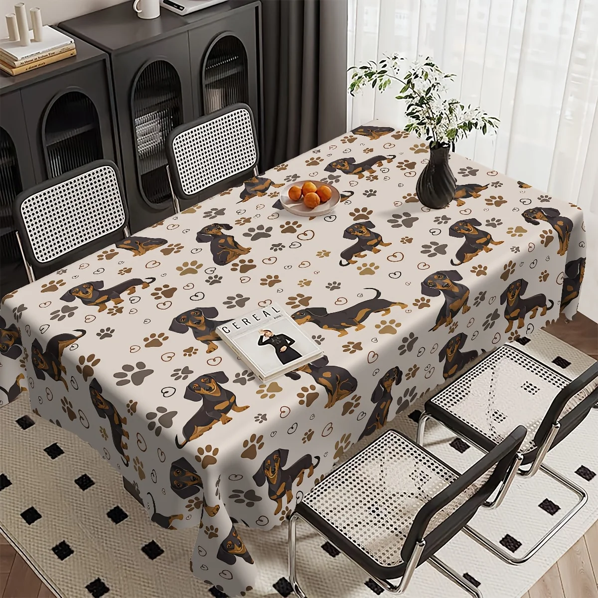 1 piece, vintage dog paw print tablecloth, cute poodle dog tablecloth, brown dog paws