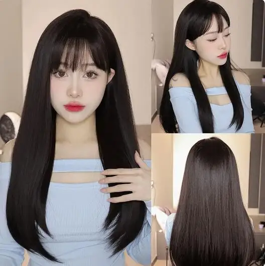 

Long Straight Synthetic Wig with Bangs Dark Black Hair Wigs for Women Cosplay Natural Hair Wigs Party Heat Resistant