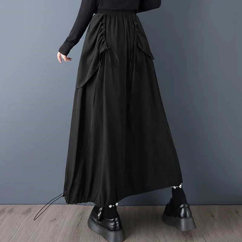 HKSH printemps automne nouvelle jupe femme taille élastique asymétrique grande poche cordon ourlet polyvalent foncé jupes décontractées HK16163