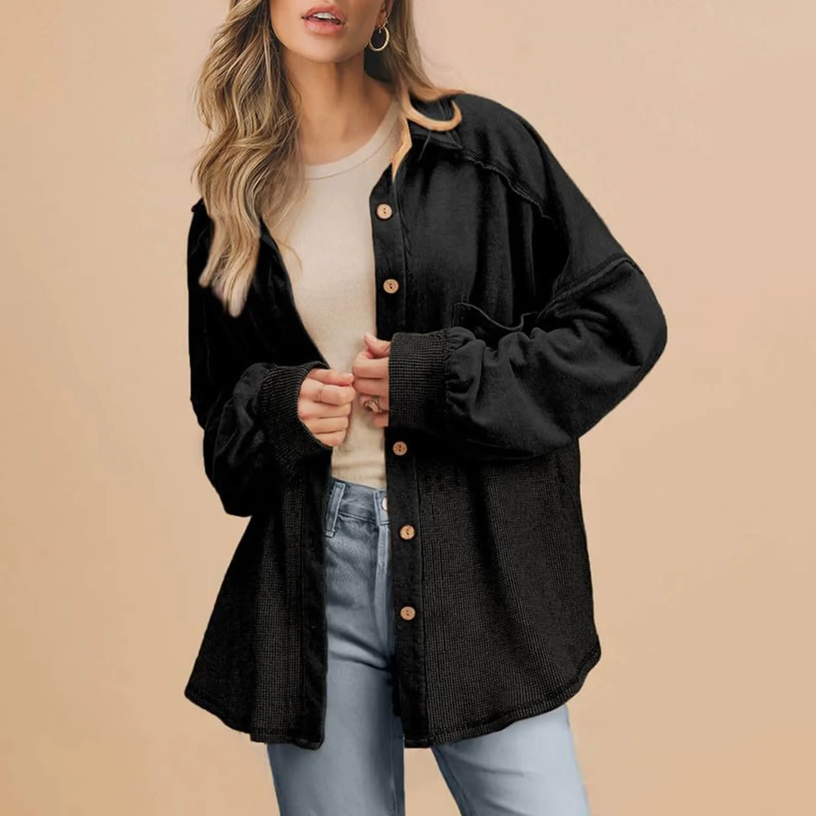 

Women's Fashion Fall And Winter Knit Button Down Shirt Jacket Loose Fit Long Sleeve Solid Color Round Neck Tops Cardigan