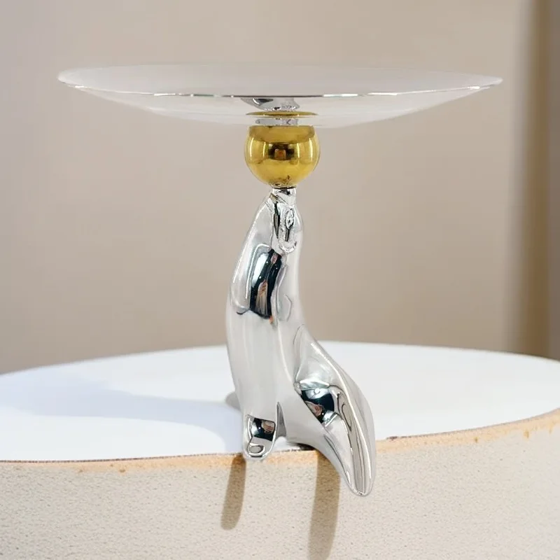 

Круглый поднос из нержавеющей стали с зеркальным эффектом, тарелка для десертов с дельфином и кроликом, тарелка для закусок и фруктов, металлический поднос, декор с мультяшными животными