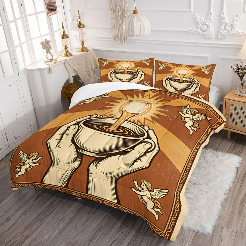 Retro Sacred Coffee Quilt Set Stylish Golden Sunburst Angel Hands Holding Coffee Cup Print Comforter Set Unique Cozy Bedding Set