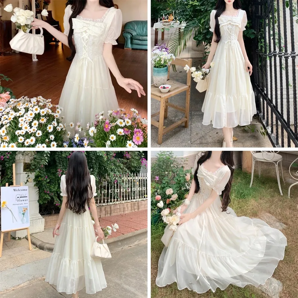 

Vintage Victorian Fairy Princess Dress for Women, Sweet Lace Bow & Puff Sleeve Bandage Midi Dress