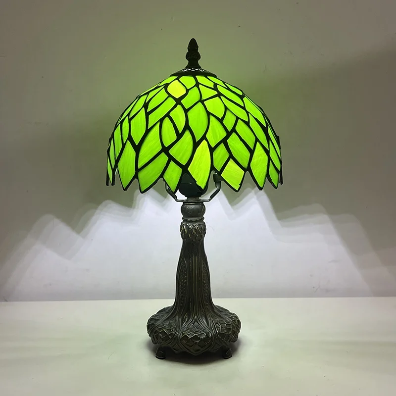 8 Inch Tiffany Lamp Stained Glass Bedside Table Lamp Leaf Green Style Reading Table Lamp