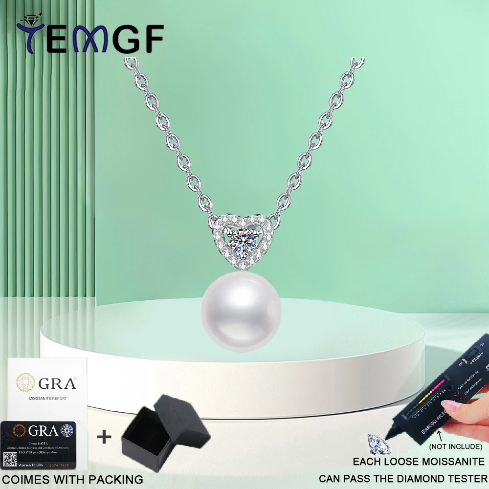 

TEMGF S925 Sterling Silver Necklace 3mm Moissanite Freshwater Pearl Heart-shaped Pendant for Women Fine Elegant Jewelry Gifts