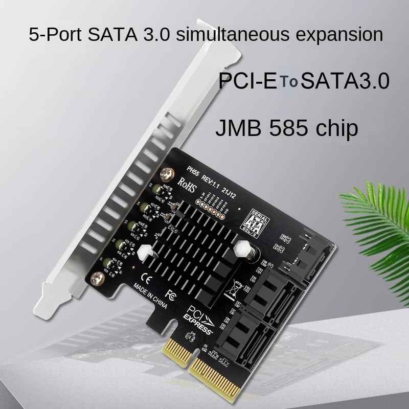 

PCIe To 5 Ports SATA 3 III 3.0 6 Gbps SSD Adapter PCI-e 4x PCI Express X4 Controller Board Expansion Card Support X8 X16 JMB585