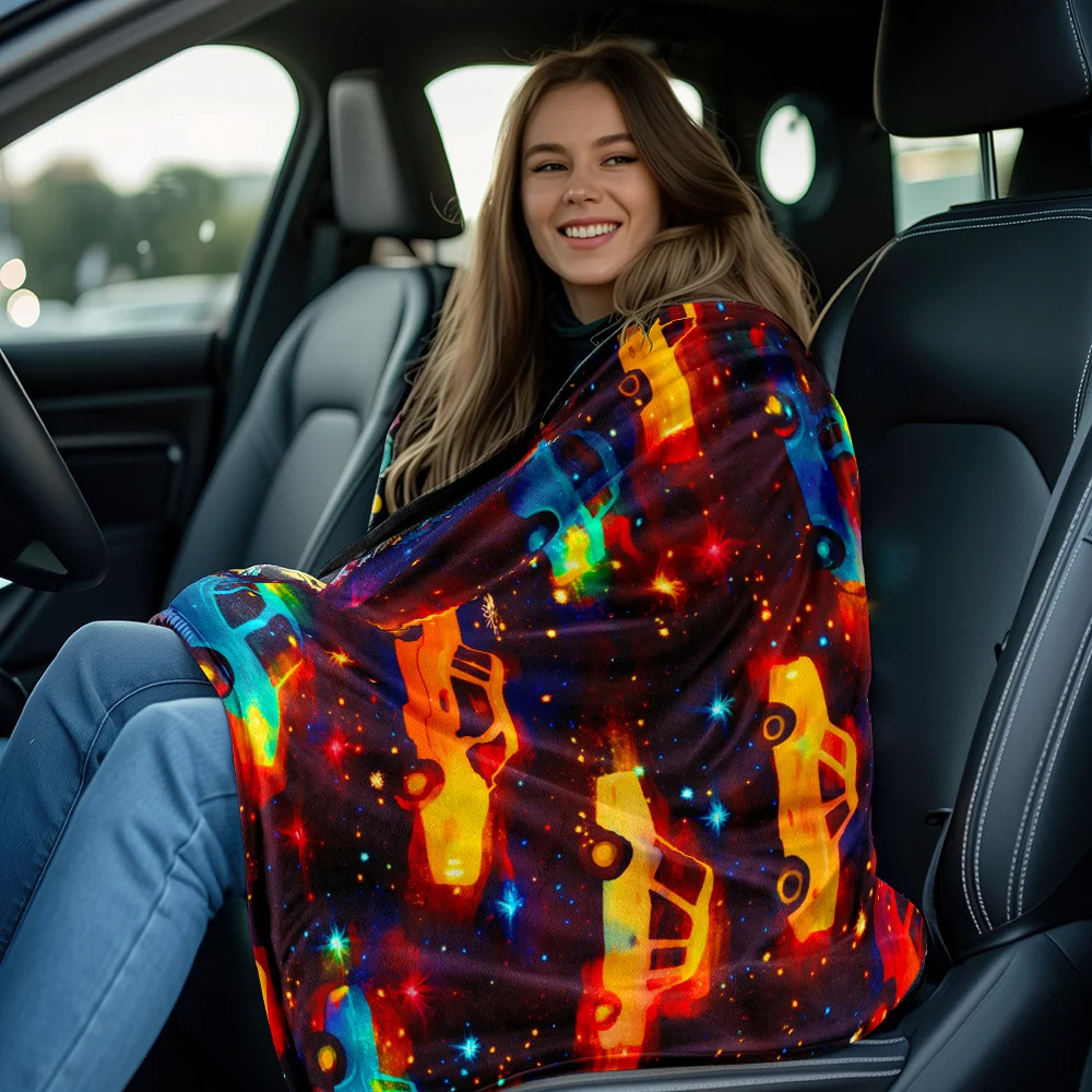 Colorful Cars Starry Night Pattern Blanket Flannel Soft Throw Automotive Art Fun Design Kids Room Decor Gift for Car Enthusiasts