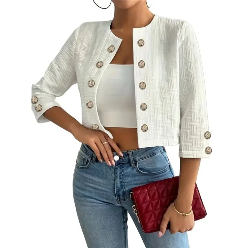 A19Q-Women 3/4 Sleeve Elegant Round Neck Open Front Cardigan Cropped Business Casual Jacket