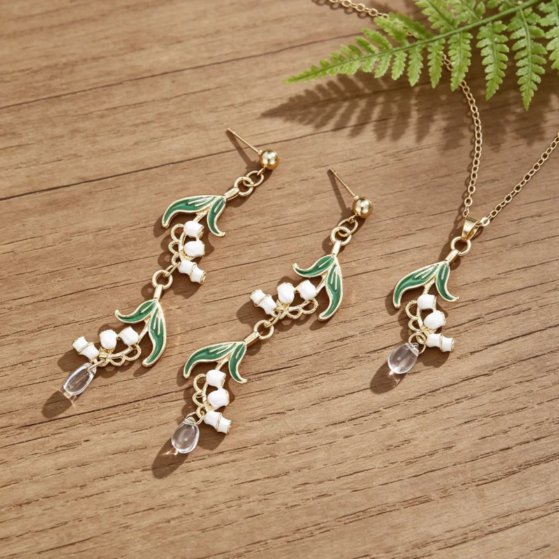 Vintage Lily Of The Valley Jewelry Set Gold Color Earrings Necklace Set For Women Clavicle Chain Wedding Party Jewelry Gift
