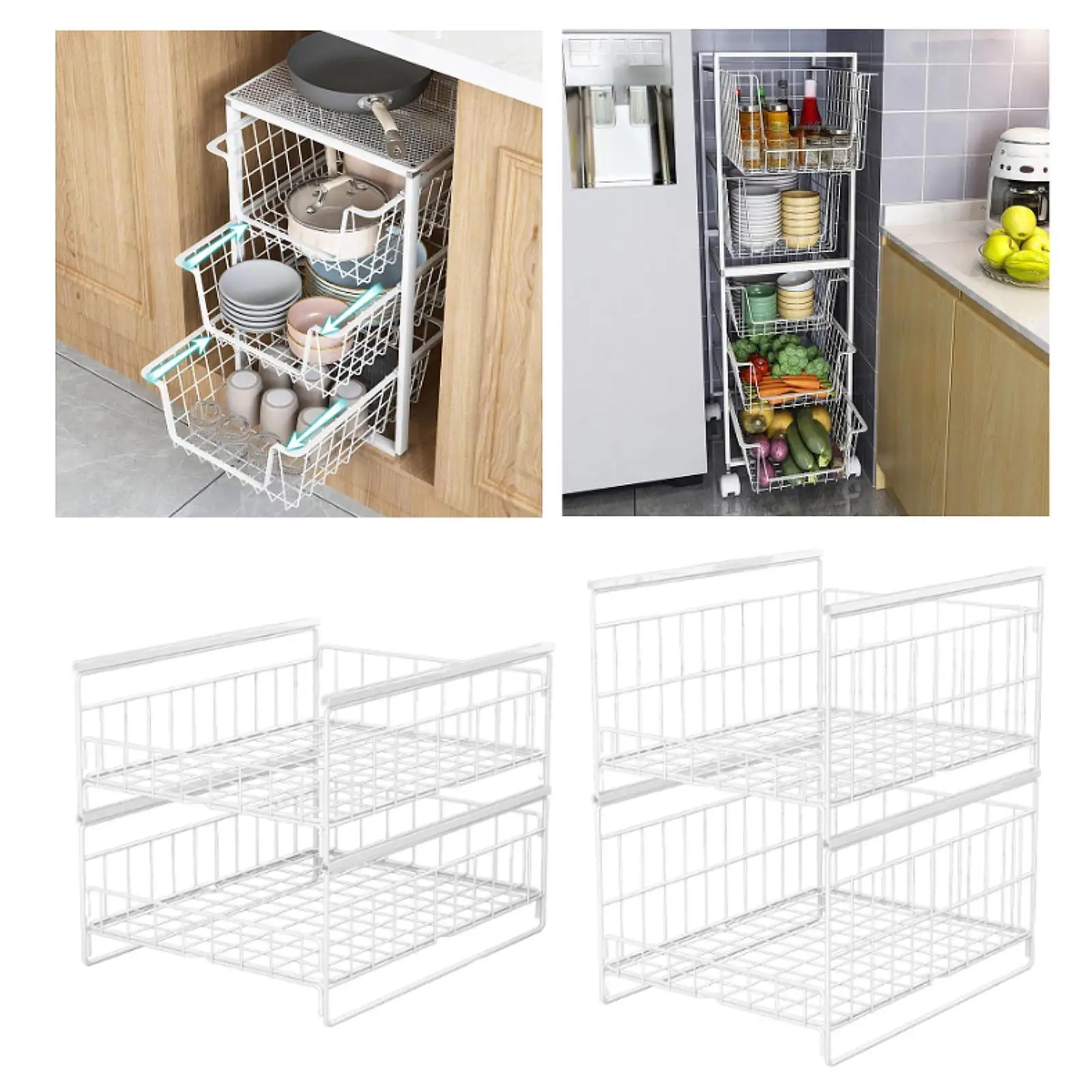 Freestanding Kitchen Cabinet Pull Out Organizer Shelf with Removable Carbon Steel Basket for Bathroom
