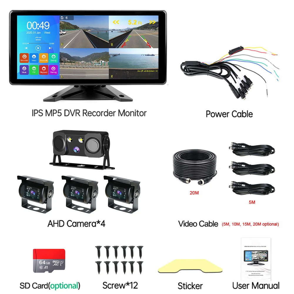 Cámara de respaldo para camión, Kit de Monitor con pantalla táctil dividida de 10,36 pulgadas, sistema de Sensor de estacionamiento trasero, DVR, Carplay, Android, Auto