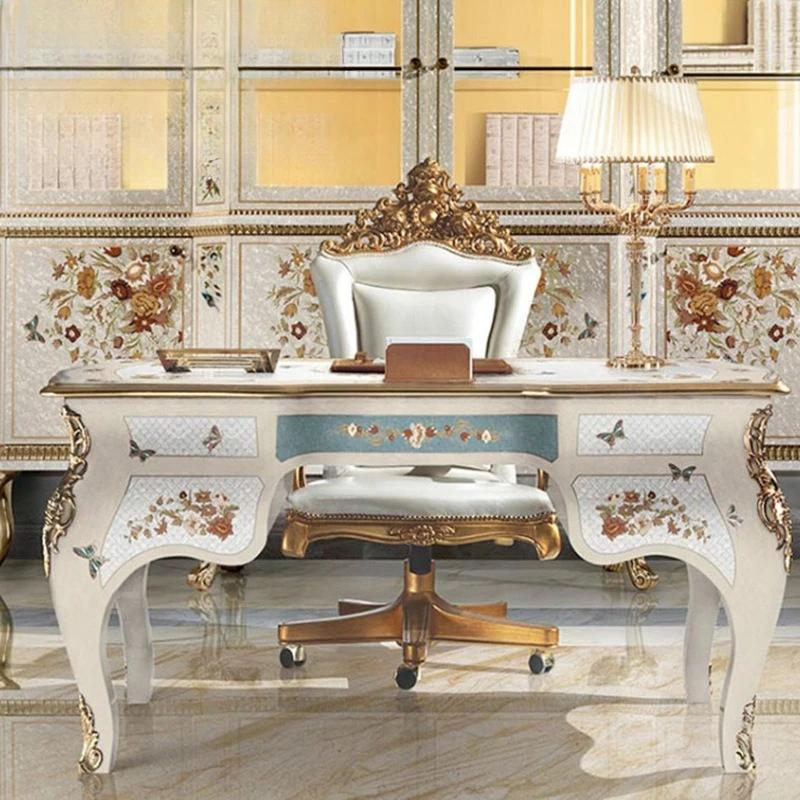 Italian light luxury furniture French solid wood carving flower shell parquet study European desk book chair