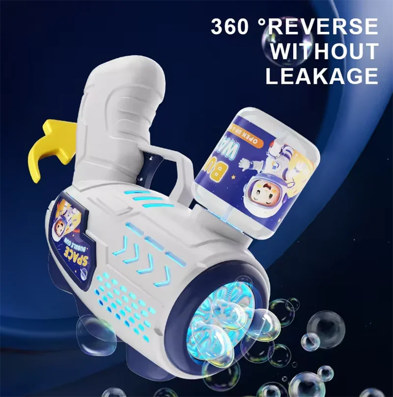 Astronautas espaciais Totalmente automático Bubble Gun, Rocket Bubbles Machine, ventilador automático com bolha líquido brinquedo para crianças, presente