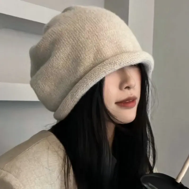 여성용 드로스트링 헐렁한 슬루시 비니, 귀 따뜻한 스컬리 캡, 단색 보넷 소녀 니트 모직 모자, 가을 겨울 패션