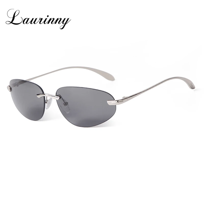 

Luxury Cat Eye Rimless Sunglasses Men Women Brand Design Trendy Metal Silver Film Curved Frameless Shades Sun Glasses Male UV400