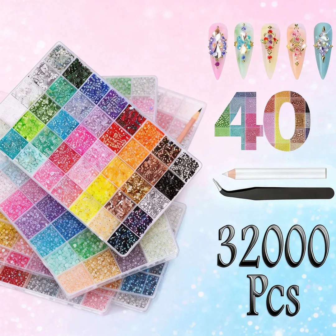 

32000Pcs AB & Jelly Flatback Rhinestones Mixed Color Resin Drill Set for Nail Art, Phone, Glasses, Clothing 12, 28, 40 Grid