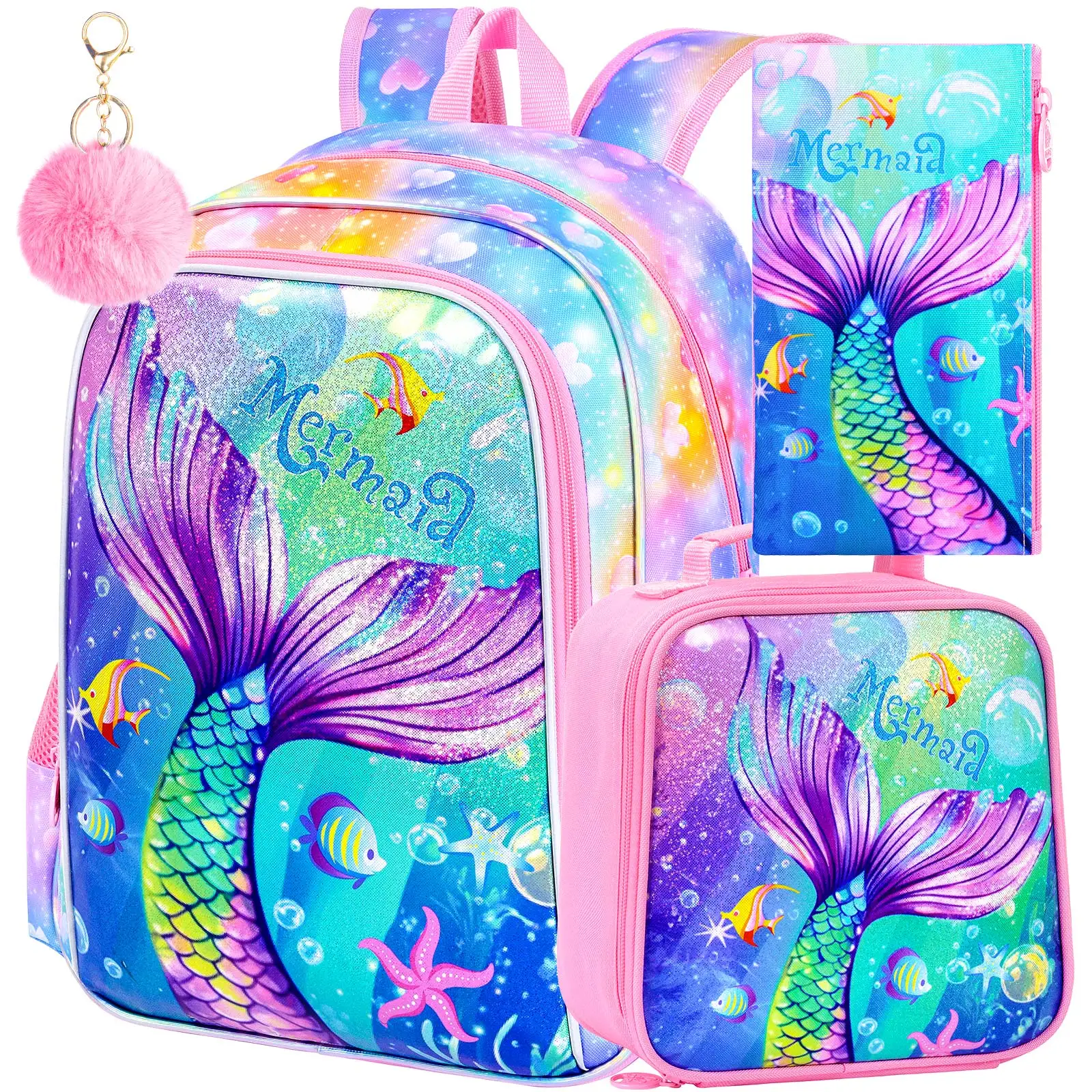 Zaini da 3 pezzi per ragazzi, coda per bambini elementari da 16 pollici del pesce colorato è rosa Zaino per libri scolastici in età prescolare e portapranzo