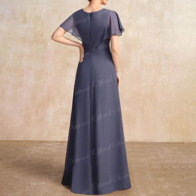 Long Beads Mother of the Bride Dress Chiffon O-Neck Floor-Length A-Line Wedding Guest Party for Women 2023 Formal Evening New