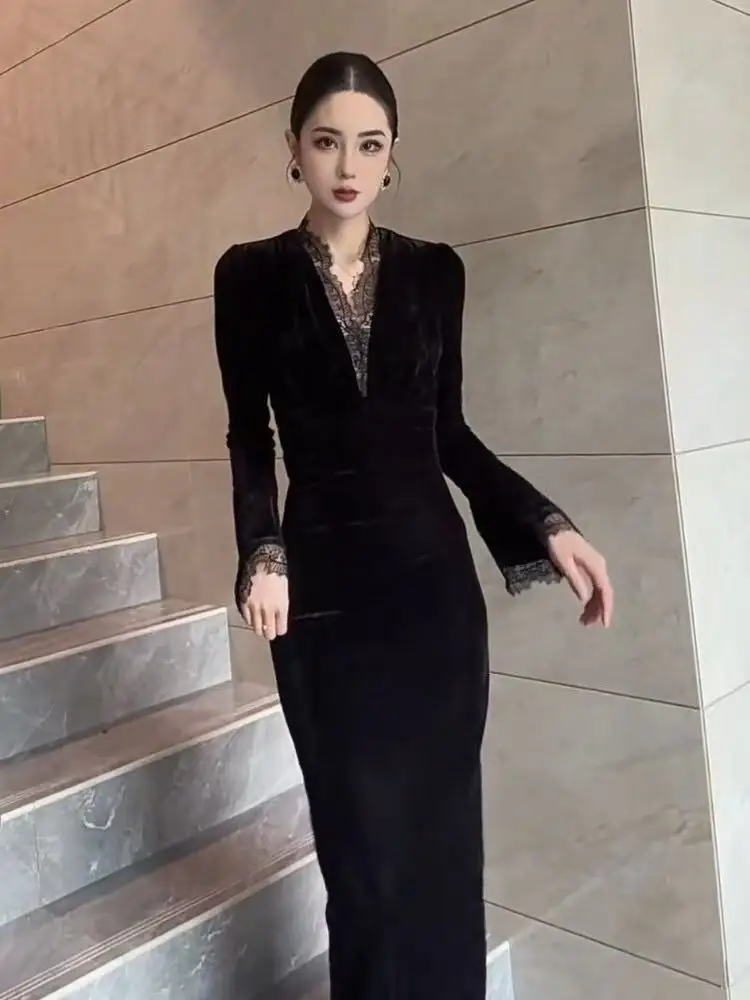 المرأة فستان طويل بسيط الخامس الرقبة طويلة الأكمام ضيق سليم فساتين الدانتيل أنيقة موضة الكورية المرأة رداء مثير التخسيس فستان TS390