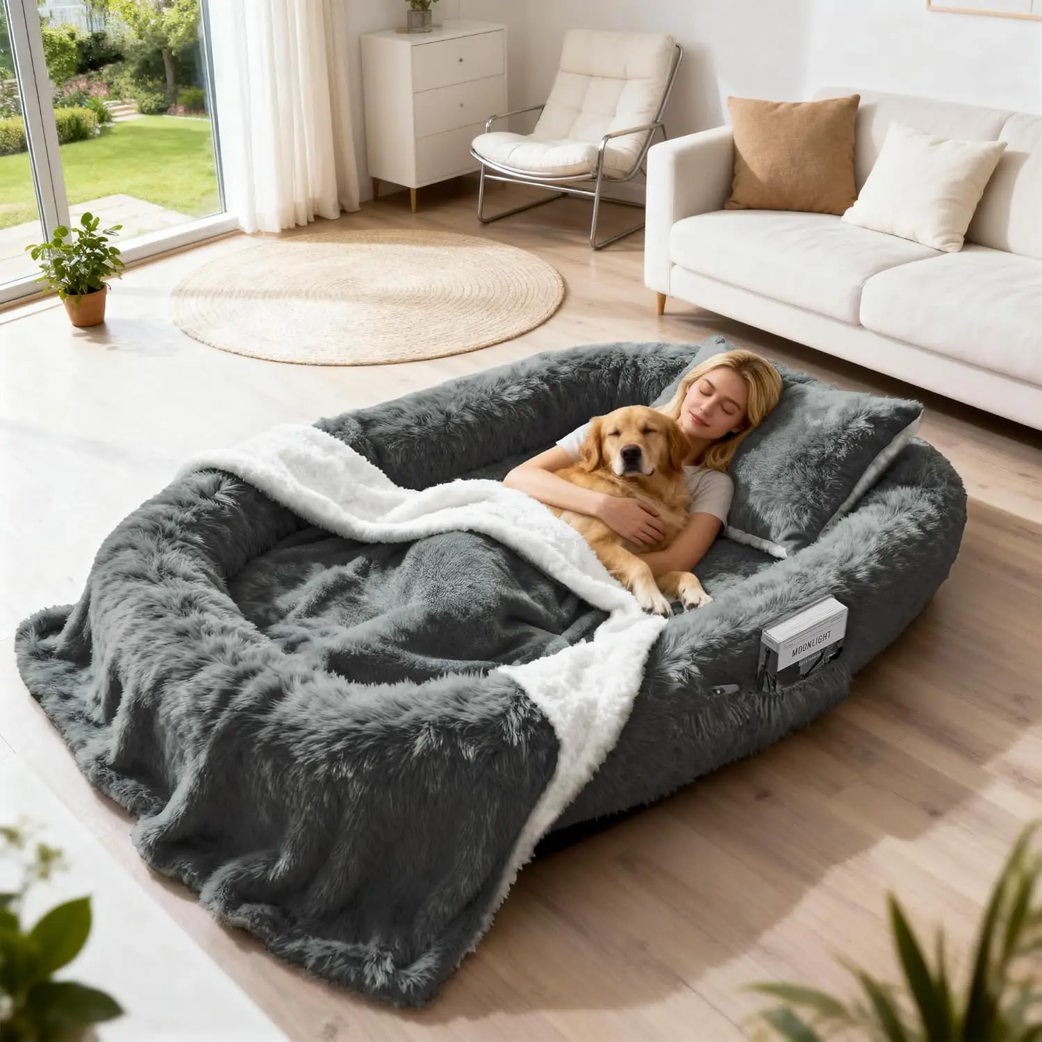Giant Orthopedic Memory Foam Dog Sofa Bed, 78" Large Washable Faux Fur Pet Couch with Pillow & Blanket, Dark Grey