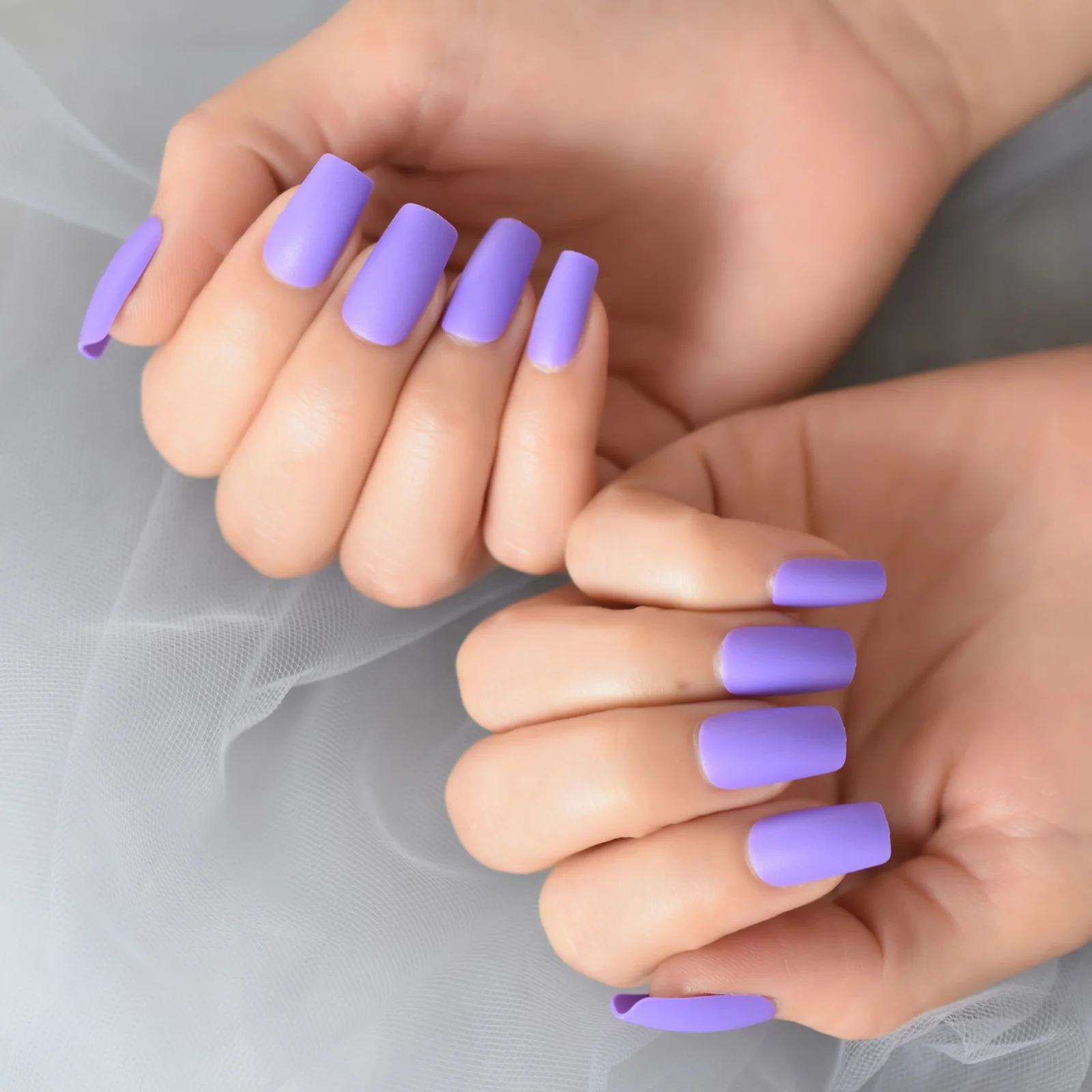 Matte Solid Color Press On Nails Medium Length Professional Square False Nails With Designs Rectangle Purple Nail