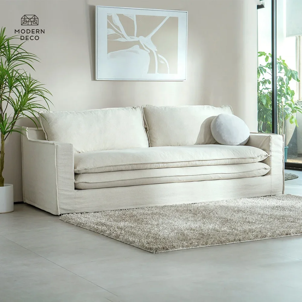 beige cream Linen duck down feather sofa couch 3 seat with feather filled cushions 2023 new EDSF03