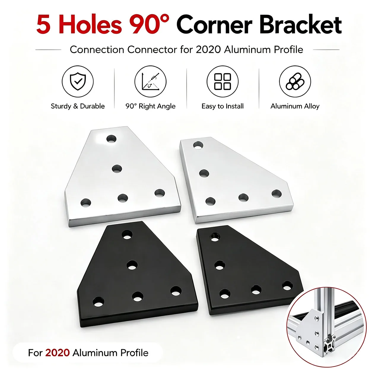5 Holes 90° Corner Angle Bracket Joint Strip, Connection Connector for 2020 Aluminum Profile 3D Printer Frame Parts