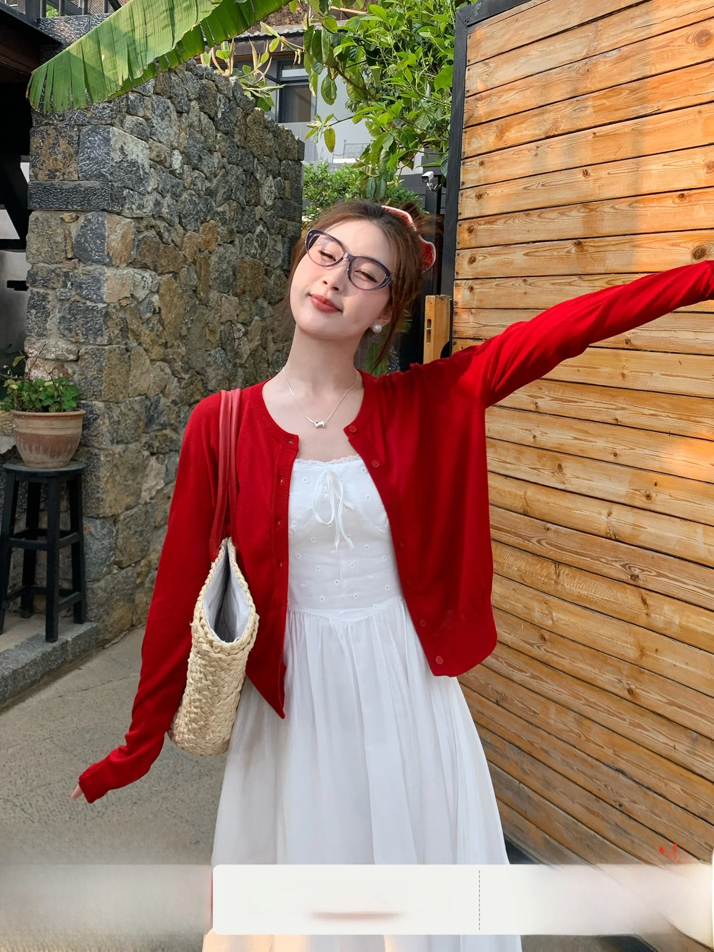 Red Lightweight Knitted Cardigan Women's Early Autumn Outerwear with Strap Breathable Sun Protection Casual Style Long Sleeve