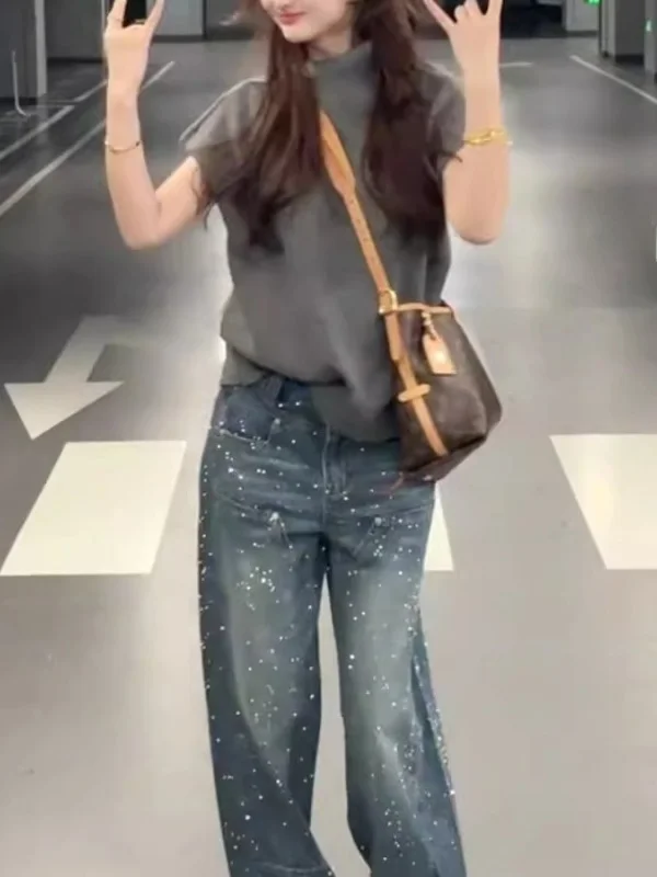 Injet lantejoulas embelezadas pesadas du denim jeans feminino casual perna larga até o chão calças de cintura alta perna reta jeans