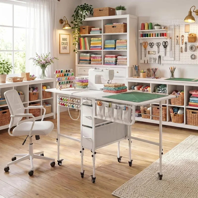 56.7 Foldable Wheeled Sewing Craft Table with Charging Station