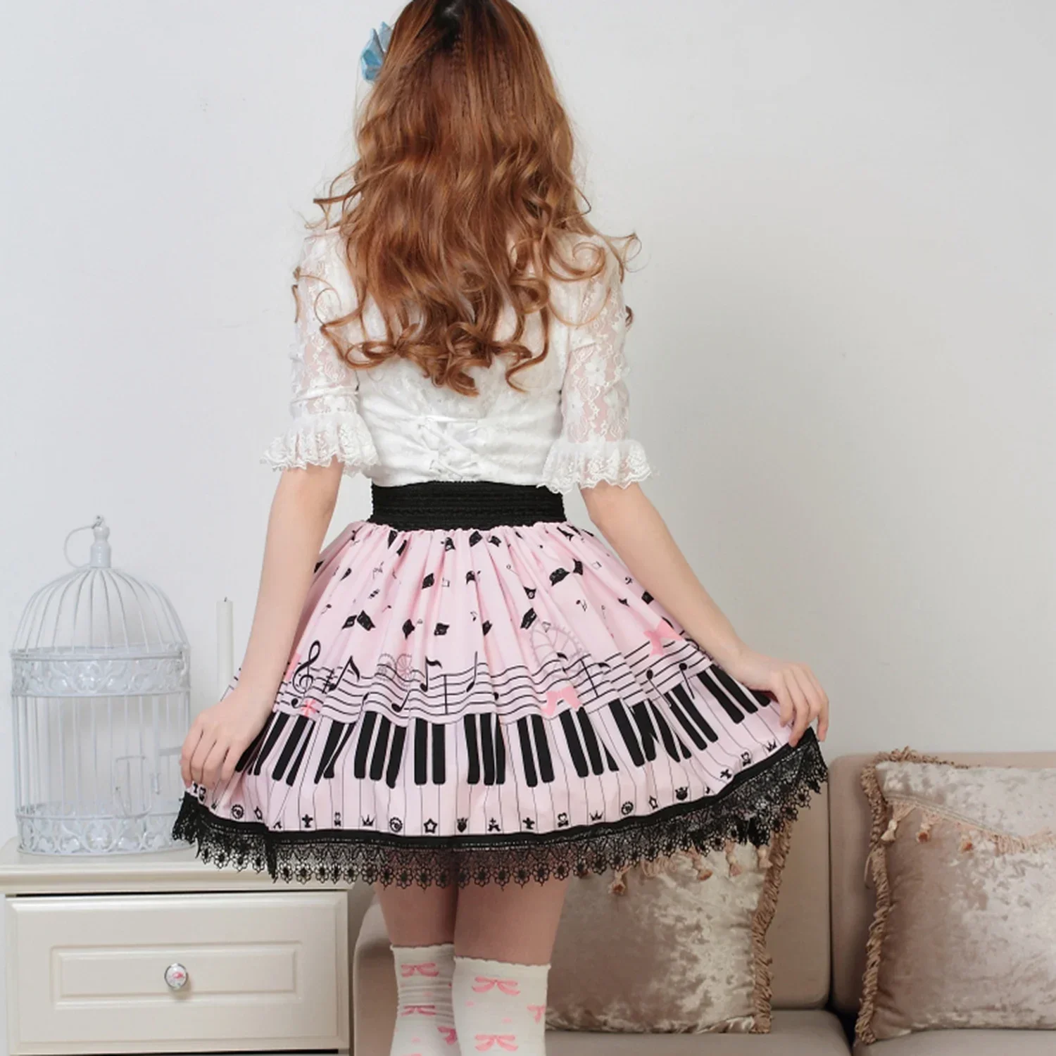 Kawaii Sweet Girl Pink Polyester Lace Piano Keybord Printed Lolita Skirt pink skirt