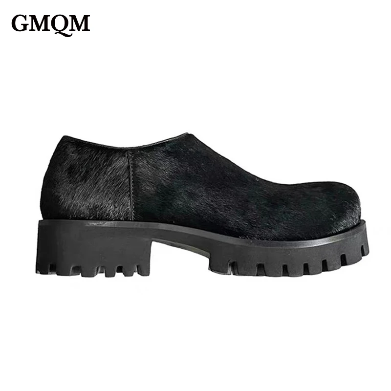 GMQM Fashion Women's Loafers Shoes Thick Sole Shoes Casual Horse Hair Leather Shoes Platform Slip-On Chunky  Heels Unisex Shoes