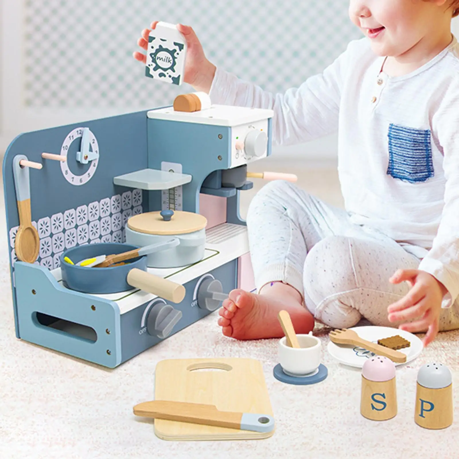 ชุดครัวไม้ของเล่นพร้อมอุปกรณ์ทำอาหาร ของเล่นครัวแบบอินเทอร์แอคทีฟ
