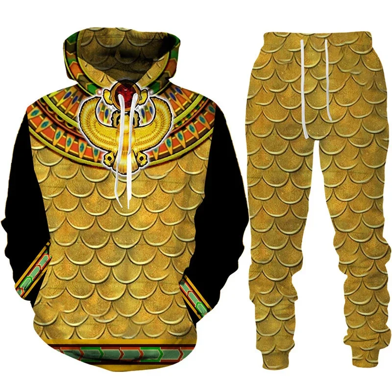 Men Hoodie Sets 3D Print Ancient Horus Egyptian God Eye of Egypt Pharaoh Casual Loose Men\'s Hoodie+Pants Streetwear Jogging Set