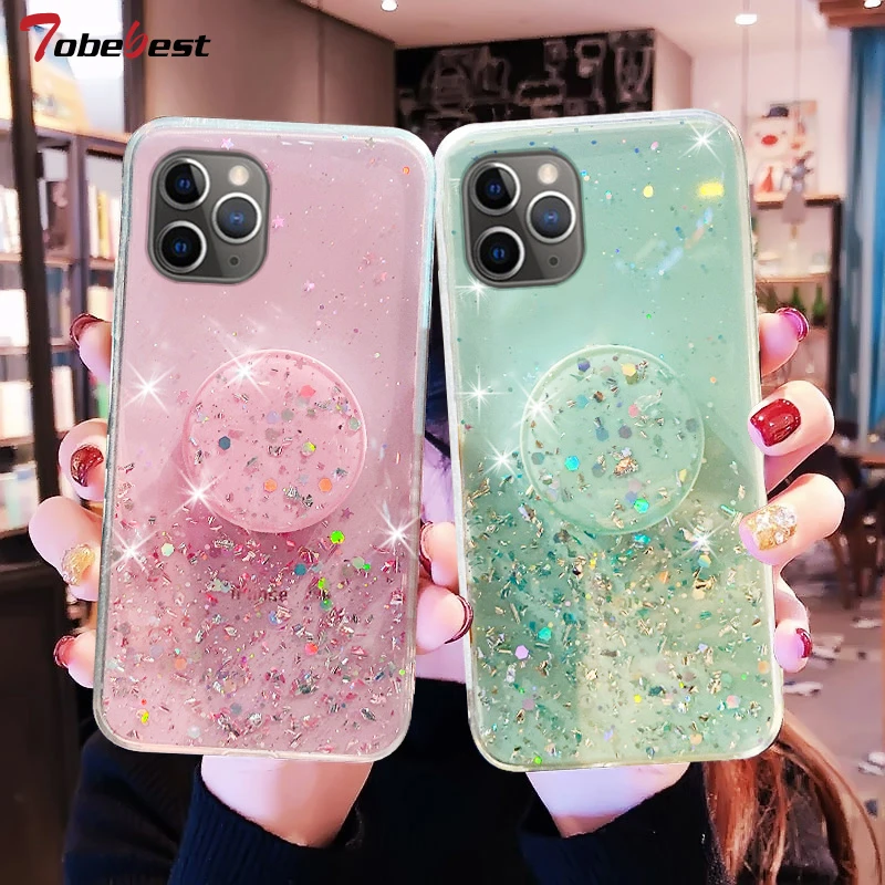 Bling Glitter Silver Foil phone holder Case For iPhone 14 13 12 Mini 11 Pro X XS Max XR 8 7 6S 6 Plus Soft Silicone Cover